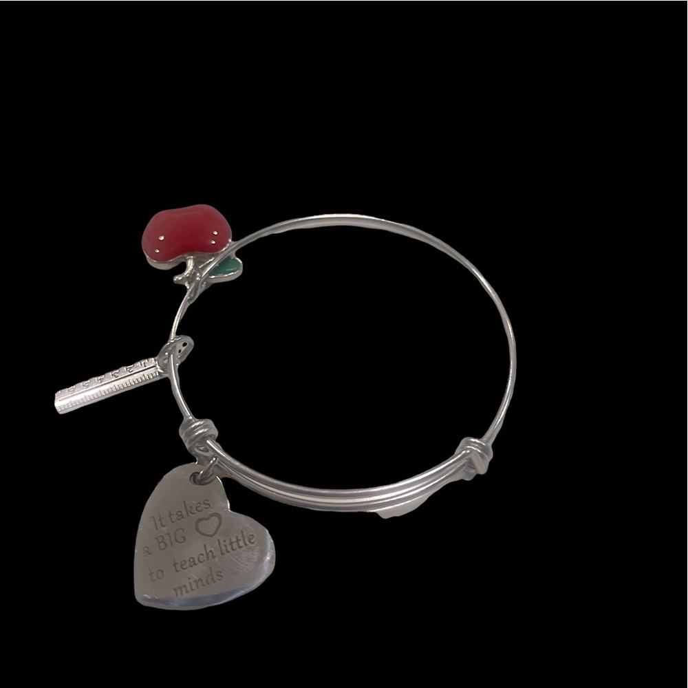 Teacher Gift, Silver Adjustable Bracelet W/ Heart ❤️ Ruler & Apple 🍎 Charm